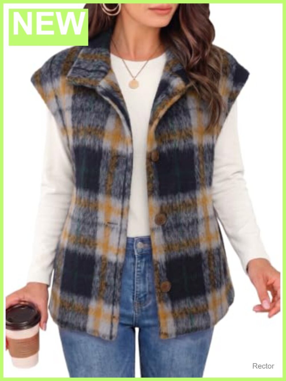 Oversized Plaid Vest Cap Sleeve Button Front Layering Coat